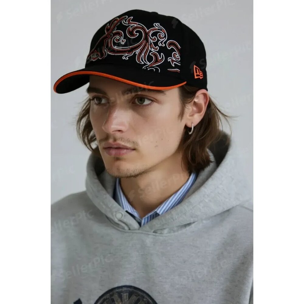 New Era Fits Black With Gray And Orange Swirl Embroidered Design Cap Size 7 3/8